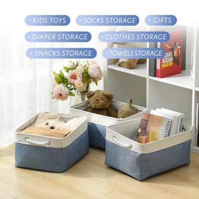 Aoibox Large Canvas Storage Bins With Handles Collapsible Baskets For Closet Shelves Laundry Organization 3 Pack White Blue 4 Aoibox Large Canvas Storage Bins With Handles Collapsible Baskets For Closet Shelves Laundry Organization 3 Pack White Blue - Image 4