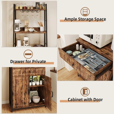 Bakers Rack With Storage Cabinet And Drawer, 70.8" Tall Industrial Coffee Bar Cabinet, Freestanding Kitchen Storage Organization, Rustic Brown 1 Bakers Rack With Storage Cabinet And Drawer, 70.8" Tall Industrial Coffee Bar Cabinet, Freestanding Kitchen Storage Organization, Rustic Brown