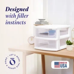 Homz 2 Pack Storage Cart, Medium 2 Drawer Plastic Container For Home And Office Organization, White Frame With Clear Drawers