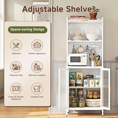 Mlezan 62.99" Kitchen Rack: White Metal, 4-Tier With Countertop & Pegboard. Pantry Storage Cabinet Or Microwave Stand For Home Kitchen Organization. 6 Mlezan 62.99" Kitchen Rack: White Metal, 4-Tier With Countertop & Pegboard. Pantry Storage Cabinet Or Microwave Stand For Home Kitchen Organization. - Image 6