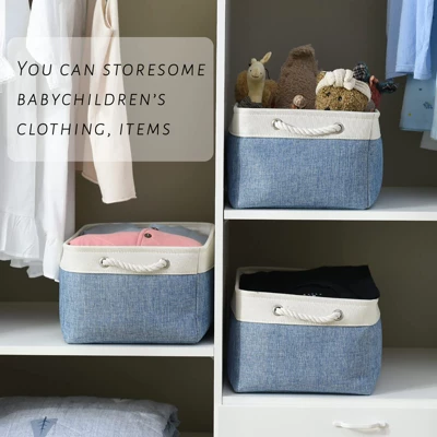 Aoibox Large Canvas Storage Bins With Handles Collapsible Baskets For Closet Shelves Laundry Organization 3 Pack White Blue 3 Aoibox Large Canvas Storage Bins With Handles Collapsible Baskets For Closet Shelves Laundry Organization 3 Pack White Blue - Image 3