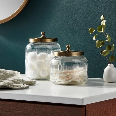 Small Glass Bath Canister Brass - Threshold™: Elegant Storage Container With Lid For Bathroom Organization 1 Small Glass Bath Canister Brass - Threshold™: Elegant Storage Container With Lid For Bathroom Organization