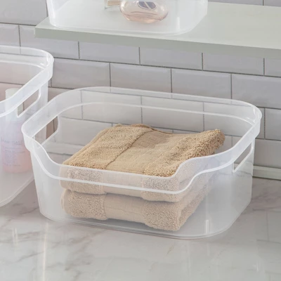 Sterilite 5.25x9.5x13 In Medium Polished Open Scoop Front Storage Bin W/ Comfortable Carry Through Handles For Household Organization, Clear 2 Sterilite 5.25x9.5x13 In Medium Polished Open Scoop Front Storage Bin W/ Comfortable Carry Through Handles For Household Organization, Clear - Image 2