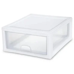 Sterilite 16 Quart Stackable Sturdy Plastic Storage Drawer Container For Home And Office Organization, Clear & White