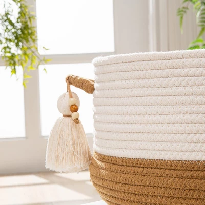 Itopfox Woven Storage Basket For Blankets, Toys, And Laundry - Collapsible Cotton Rope Hamper For Living Room, Nursery, And Home Organization (Brown) 1 Itopfox Woven Storage Basket For Blankets, Toys, And Laundry - Collapsible Cotton Rope Hamper For Living Room, Nursery, And Home Organization (Brown)