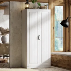 FUFU&GAGA Rotating Pantry Cabinet,Large Capacity Kitchen Storage Hutch,Double Doors With Compartments,Kitchen Organization,White