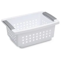 Sterilite Small Plastic Stacking Storage Basket Container Totes W/ Comfort Grip Handles And Flip Down Rails For Household Organization, White, 8 Pack