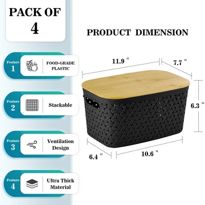 Aoibox Black Plastic Storage Bins With Bamboo Lids Stackable Rectangular Set Of 4 For Home Kitchen Office Organization 1 Aoibox Black Plastic Storage Bins With Bamboo Lids Stackable Rectangular Set Of 4 For Home Kitchen Office Organization