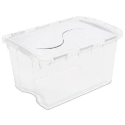 Sterilite Single 48-Quart Clear Hinged Lid Storage Tote Box Container With Attached Hinged Lids For Home Organization, (12 Pack)