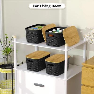 Aoibox Black Plastic Storage Bins With Bamboo Lids Stackable Rectangular Set Of 4 For Home Kitchen Office Organization 4 Aoibox Black Plastic Storage Bins With Bamboo Lids Stackable Rectangular Set Of 4 For Home Kitchen Office Organization - Image 4