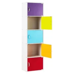 Hodedah HID5 High Quality 5 Shelf Home, Office, And School Enclosed Organization Storage 59 Inch Tall Slim Bookcase Cabinets, Rainbow Finish