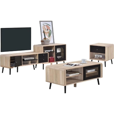 Kings Brand Furniture Nathan 3-Piece Living Room Set With TV Stand, Coffee Table & End Table, Modern Storage & Organization, Oak/Black Finish 2 Kings Brand Furniture Nathan 3-Piece Living Room Set With TV Stand, Coffee Table & End Table, Modern Storage & Organization, Oak/Black Finish - Image 2