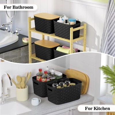 Aoibox Black Plastic Storage Bins With Bamboo Lids Stackable Rectangular Set Of 4 For Home Kitchen Office Organization 5 Aoibox Black Plastic Storage Bins With Bamboo Lids Stackable Rectangular Set Of 4 For Home Kitchen Office Organization - Image 5