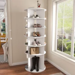 KWPZQEB 6 Tier Rotating Shoe Rack Tower, Spinning Shoe Display Lazy Susan, Revolving 360 Shoe Rack Storage Round Carousel, Handbag Organization, White