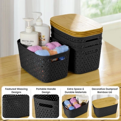 Aoibox Black Plastic Storage Bins With Bamboo Lids Stackable Rectangular Set Of 4 For Home Kitchen Office Organization 2 Aoibox Black Plastic Storage Bins With Bamboo Lids Stackable Rectangular Set Of 4 For Home Kitchen Office Organization - Image 2