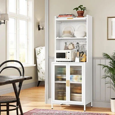 Mlezan 62.99" Kitchen Rack: White Metal, 4-Tier With Countertop & Pegboard. Pantry Storage Cabinet Or Microwave Stand For Home Kitchen Organization. 2 Mlezan 62.99" Kitchen Rack: White Metal, 4-Tier With Countertop & Pegboard. Pantry Storage Cabinet Or Microwave Stand For Home Kitchen Organization. - Image 2