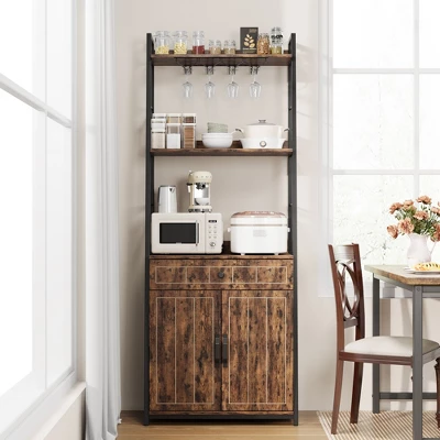 Bakers Rack With Storage Cabinet And Drawer, 70.8" Tall Industrial Coffee Bar Cabinet, Freestanding Kitchen Storage Organization, Rustic Brown 3 Bakers Rack With Storage Cabinet And Drawer, 70.8" Tall Industrial Coffee Bar Cabinet, Freestanding Kitchen Storage Organization, Rustic Brown - Image 3