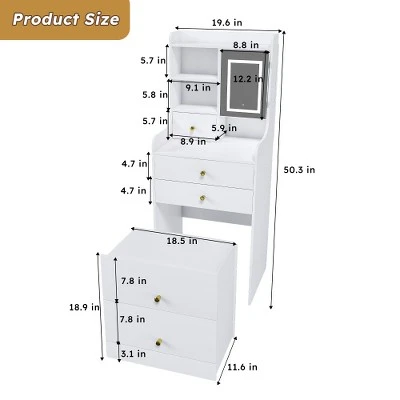TOBILI 3-in-1 Dressing Table With LED Mirror & Storage Stool - Compact Makeup Vanity With 4 Drawers,White Density Board Design Organization 5 TOBILI 3-in-1 Dressing Table With LED Mirror & Storage Stool - Compact Makeup Vanity With 4 Drawers,White Density Board Design Organization - Image 5