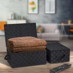 Sorbus 3 Pack Decorative Stackable Woven Basket With Lid And Built-in Rope Carry Handles - Great For Storage And Organization (Black) -Rubbermaid Shop GUEST 815f8086 beb7 4c1c a1ed c60d37b3c6db