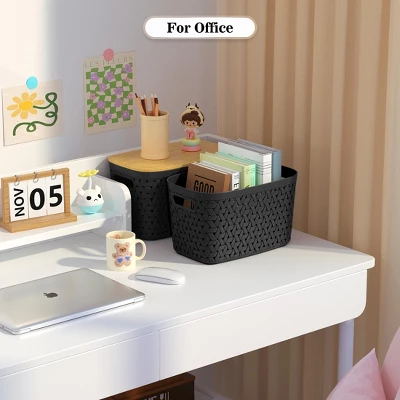 Aoibox Black Plastic Storage Bins With Bamboo Lids Stackable Rectangular Set Of 4 For Home Kitchen Office Organization 3 Aoibox Black Plastic Storage Bins With Bamboo Lids Stackable Rectangular Set Of 4 For Home Kitchen Office Organization - Image 3