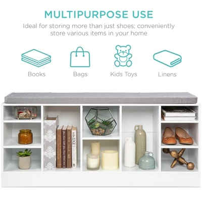 Best Choice Products 46in Shoe Storage Organization Rack Bench For Entryway, Bedroom W/ Padded Seat, 10 Cubbies - White 2 Best Choice Products 46in Shoe Storage Organization Rack Bench For Entryway, Bedroom W/ Padded Seat, 10 Cubbies - White - Image 2