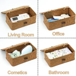 Itopfox Set Of 2 Wicker Baskets With Lids, Seagrass Woven Storage Bins For Home Organization, Decorative Storage Baskets For Any Room