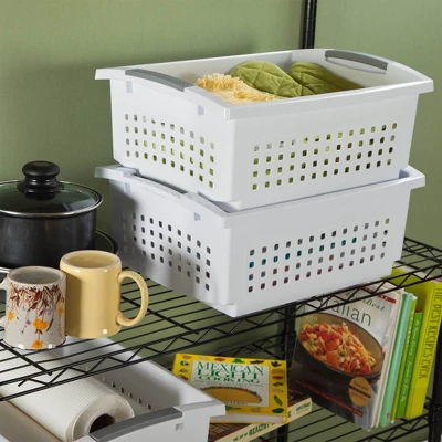 Sterilite Small Plastic Stacking Storage Basket Container Totes W/ Comfort Grip Handles And Flip Down Rails For Household Organization, White, 8 Pack 3 Sterilite Small Plastic Stacking Storage Basket Container Totes W/ Comfort Grip Handles And Flip Down Rails For Household Organization, White, 8 Pack - Image 3