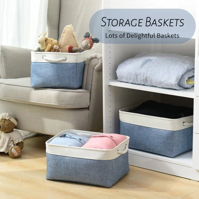 Aoibox Large Canvas Storage Bins With Handles Collapsible Baskets For Closet Shelves Laundry Organization 3 Pack White Blue 2 Aoibox Large Canvas Storage Bins With Handles Collapsible Baskets For Closet Shelves Laundry Organization 3 Pack White Blue - Image 2