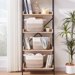 Aoibox Woven Cotton Rope Storage Baskets Set Of 3 Gradient Yellow Large Capacity For Toys Towels Bathroom Closet Organization