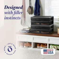 Homz 2 Pack Storage Cart, Wide Body 2 Drawer Plastic Container For Home And Office Organization, Black Frame With Smoke Tint Drawers