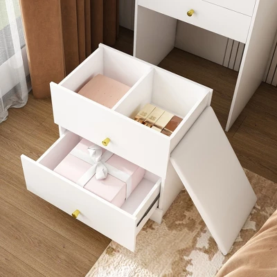 TOBILI 3-in-1 Dressing Table With LED Mirror & Storage Stool - Compact Makeup Vanity With 4 Drawers,White Density Board Design Organization 4 TOBILI 3-in-1 Dressing Table With LED Mirror & Storage Stool - Compact Makeup Vanity With 4 Drawers,White Density Board Design Organization - Image 4