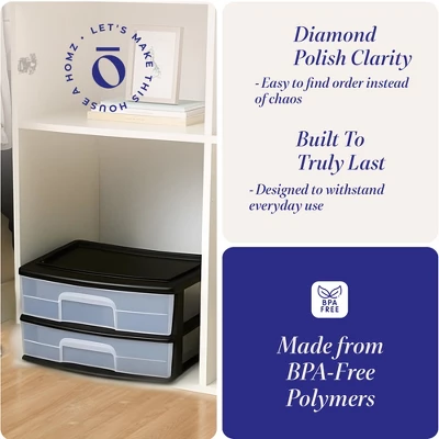 Homz 2 Pack Storage Cart, Wide Body 2 Drawer Plastic Container For Home And Office Organization, Black Frame With Clear Drawers 2 Homz 2 Pack Storage Cart, Wide Body 2 Drawer Plastic Container For Home And Office Organization, Black Frame With Clear Drawers - Image 2