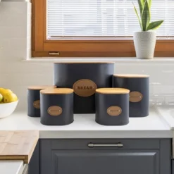 MegaChef Kitchen Food Storage And Organization 5 Piece Canister Set In Grey With Bamboo Lids -Rubbermaid Shop GUEST dd217522 a026 4b2e bd0d 94966ee6ac7c