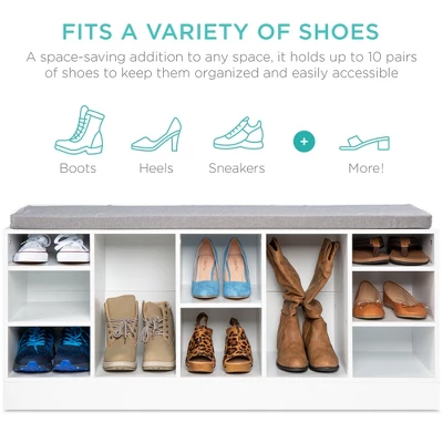 Best Choice Products 46in Shoe Storage Organization Rack Bench For Entryway, Bedroom W/ Padded Seat, 10 Cubbies - White 1 Best Choice Products 46in Shoe Storage Organization Rack Bench For Entryway, Bedroom W/ Padded Seat, 10 Cubbies - White