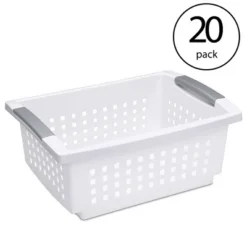 Sterilite Medium Sized Multipurpose Stackable Storage Basket Bin With Flip-Down Rails For Home And Office Organization, White (20 Pack)