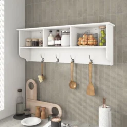 VANIRROR White Wall-Mounted Coat Rack With 4 Dual Hooks, Wooden Storage Shelf For Entryway And Living Room Organization -Rubbermaid Shop GUEST ef8b4fcc 6dc1 4c5e b506 92efecdb1e7f