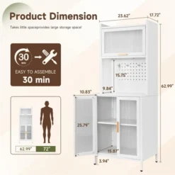 Mlezan 62.99" Kitchen Rack: White Metal, 4-Tier With Countertop & Pegboard. Pantry Storage Cabinet Or Microwave Stand For Home Kitchen Organization.