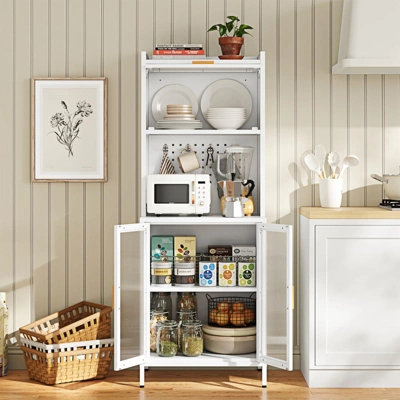 Mlezan 62.99" Kitchen Rack: White Metal, 4-Tier With Countertop & Pegboard. Pantry Storage Cabinet Or Microwave Stand For Home Kitchen Organization. 4 Mlezan 62.99" Kitchen Rack: White Metal, 4-Tier With Countertop & Pegboard. Pantry Storage Cabinet Or Microwave Stand For Home Kitchen Organization. - Image 4