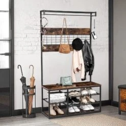 Entryway Storage Bench, 3-Tier Industrial Shoe Rack With 5 Coat Hooks, Rustic Wood Style Hall Tree For Home/Closet Organization -Rubbermaid Shop GUEST f5b41517 6255 4ab5 be2b d45fc84b41a2