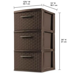 Sterilite 3 Drawer Storage Tower, Plastic Decorative Weave Drawers For Dorm, Closet, Bedroom, Or Craft Room Organization, 2 Pack, Espresso